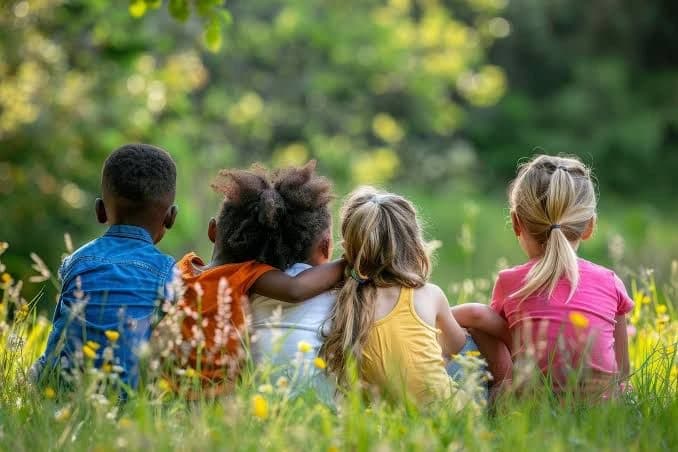 Quatre enfants assis côte à côte dans l'herbe, de dos, épaule contre épaule